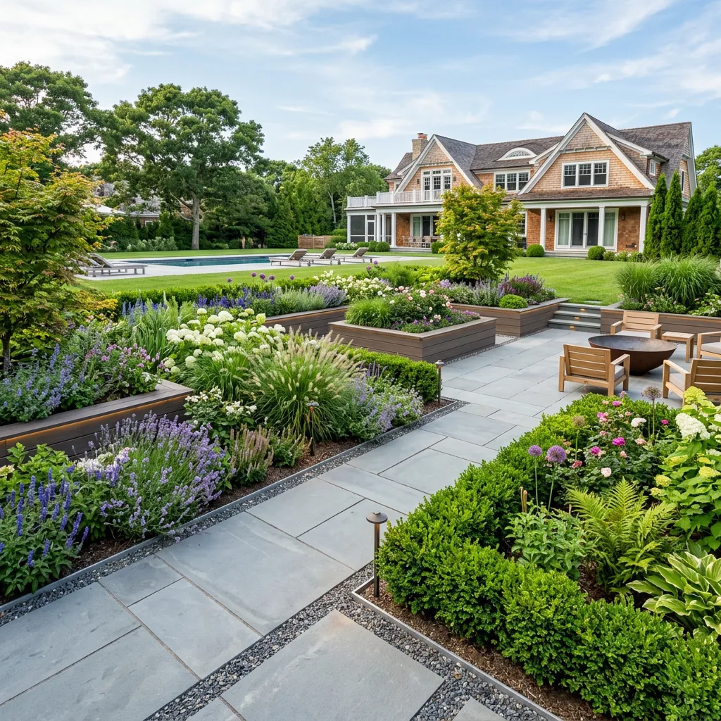 Manicured Hamptons estate landscape by Crespo Landscaping