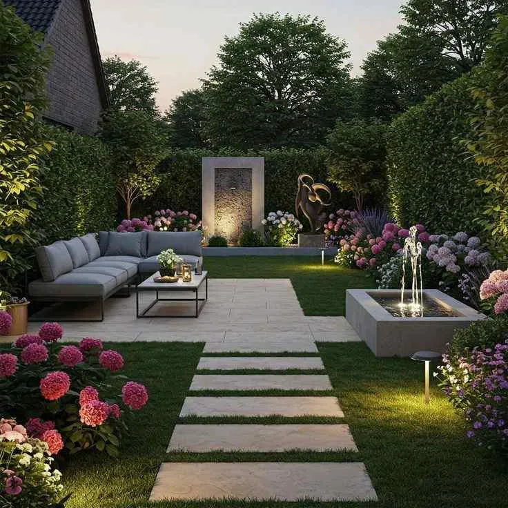Modern landscape design with seating area and flowers